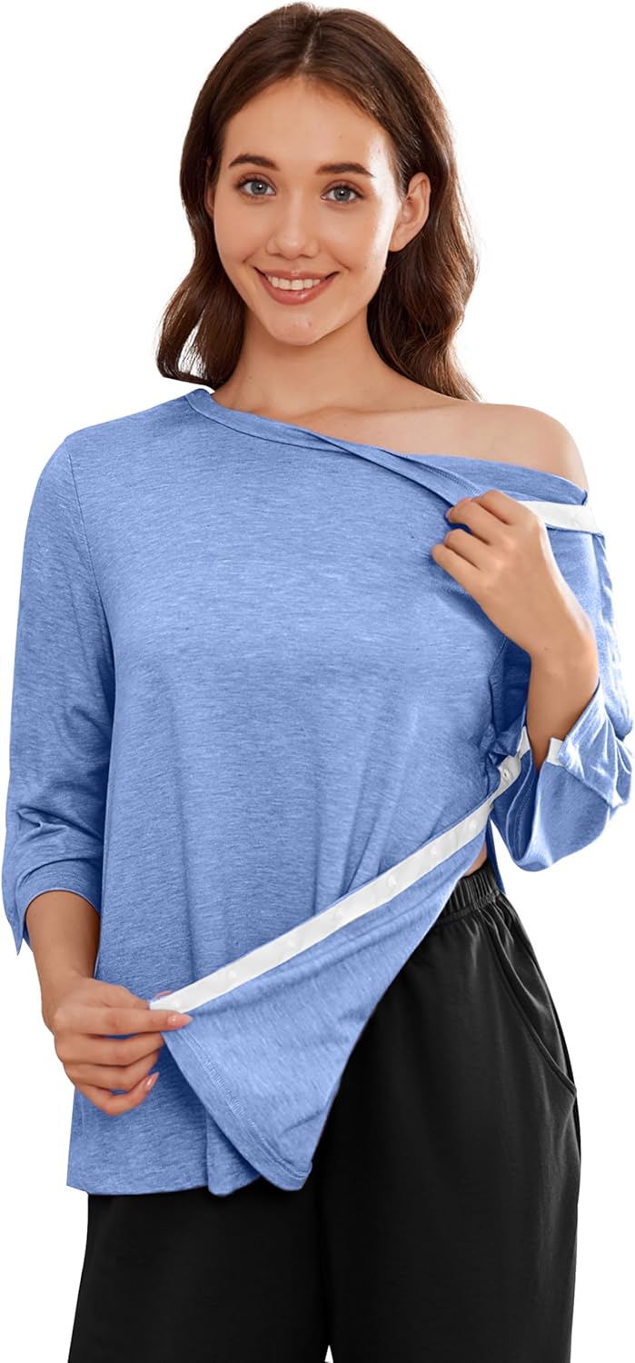 Deyeek Post Shoulder Surgery Shirts for Women Tear Away 3/4 Tops After Rotator Cuff Shirts Chemo Port Adaptive Clothing