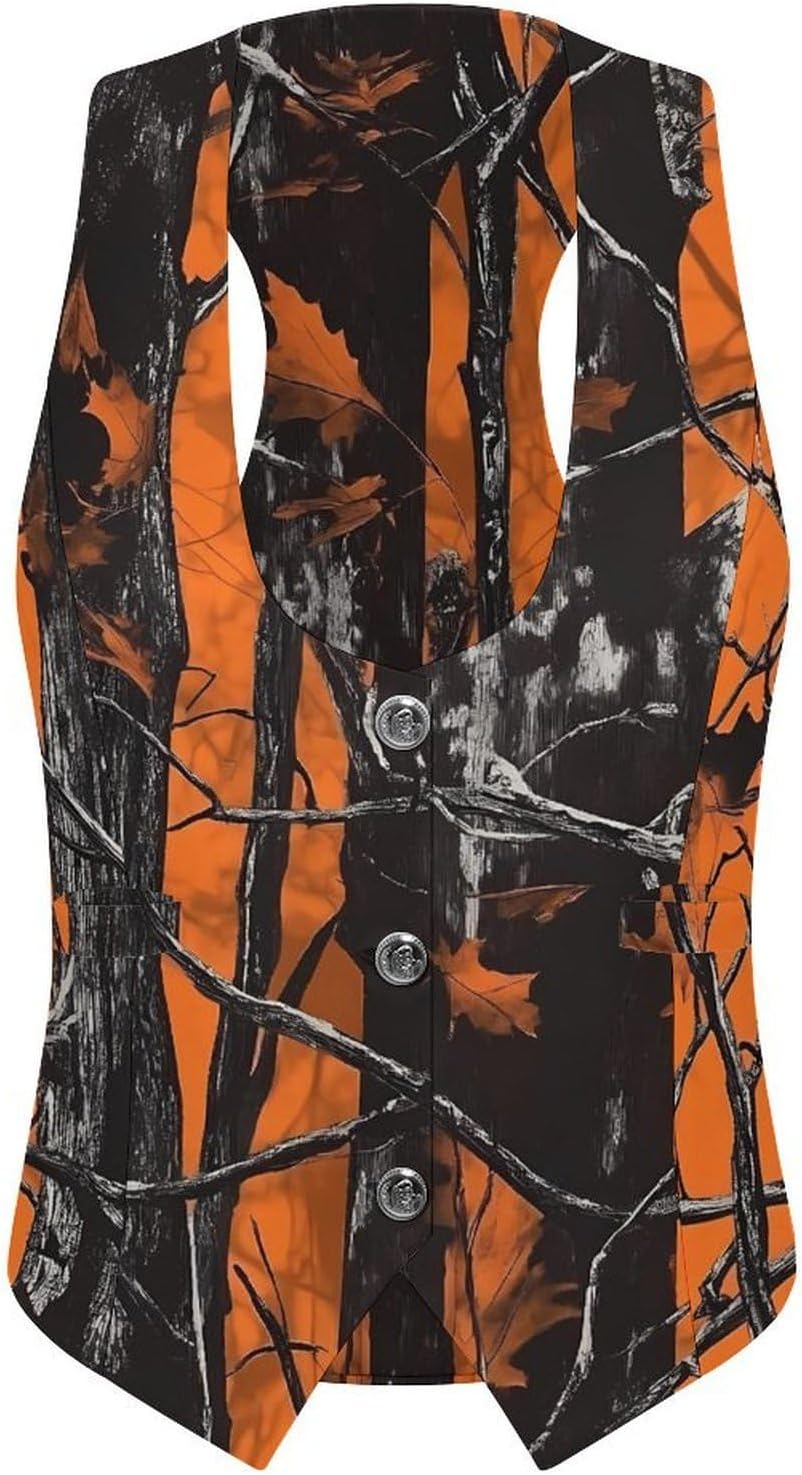 Orange Camouflage Trees Women's Tuxedo Waistcoat Suit Vest | 3 Button V-Neck Slim Fit Casual Sleeveless Top
