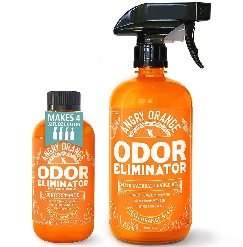 Removedor de Odores para Cães e Gatos ANGRY ORANGE com Aroma Cítrico, Spray 710 mL + Concentrado 240 mL, Pacote com 2