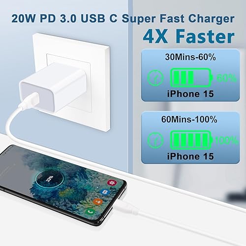 Miniatura 3 de Cargador de pared USB C Adaptador de carga rápida para iPhone 17 Pro Max/17 Air/16e/16 Pro Max/15 Pro Max/15 Plus/14/13/12 Mini/SE, 20W PD 3.0