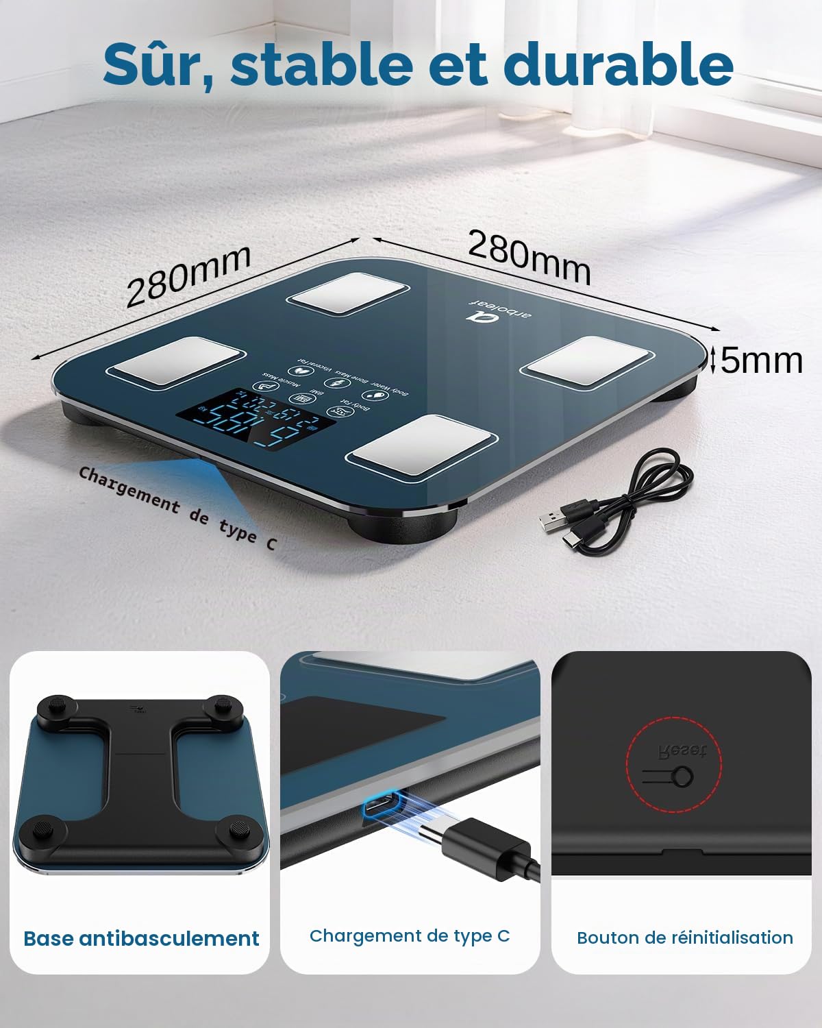Arboleaf Balance Impédancemètre Rechargeable USB, Pèse Personne Masse Graisseuse et Muscle, IMC 14 Paramètres, 180 kg