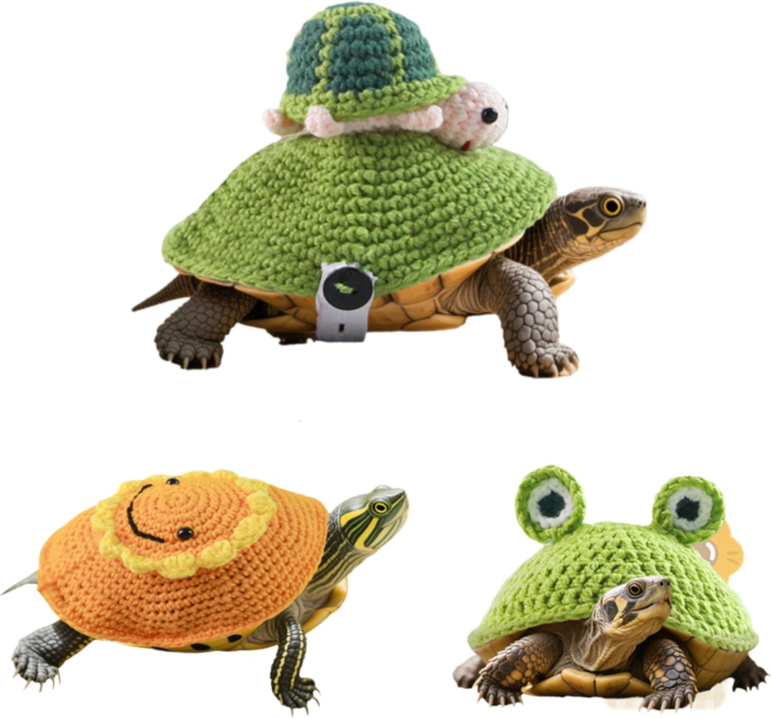 Sweaters for Turtle 3/5Pcs Small Animal Warm Winter Knitted Handmade Clothes Apparel Halloween Cosplay Costume Photo Shoot for Pet Tortoise (M, Frog + Sunflower + Turtle-in-Turtle)