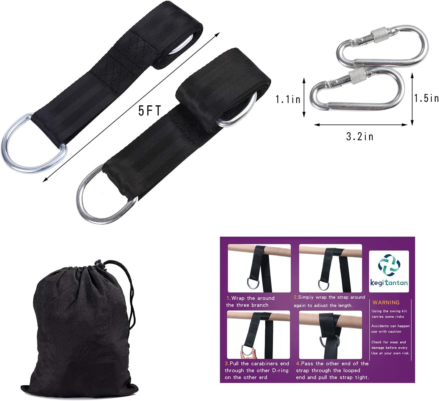 Tree Swing Straps , Swing Hanging Kits 5ft Length with 2 Heavy Duty Safety Lock Carabiner Hooks Polyester Straps Perfect for Hammock Baby Toddler& Tree Swing，Holds Up to 2000lb