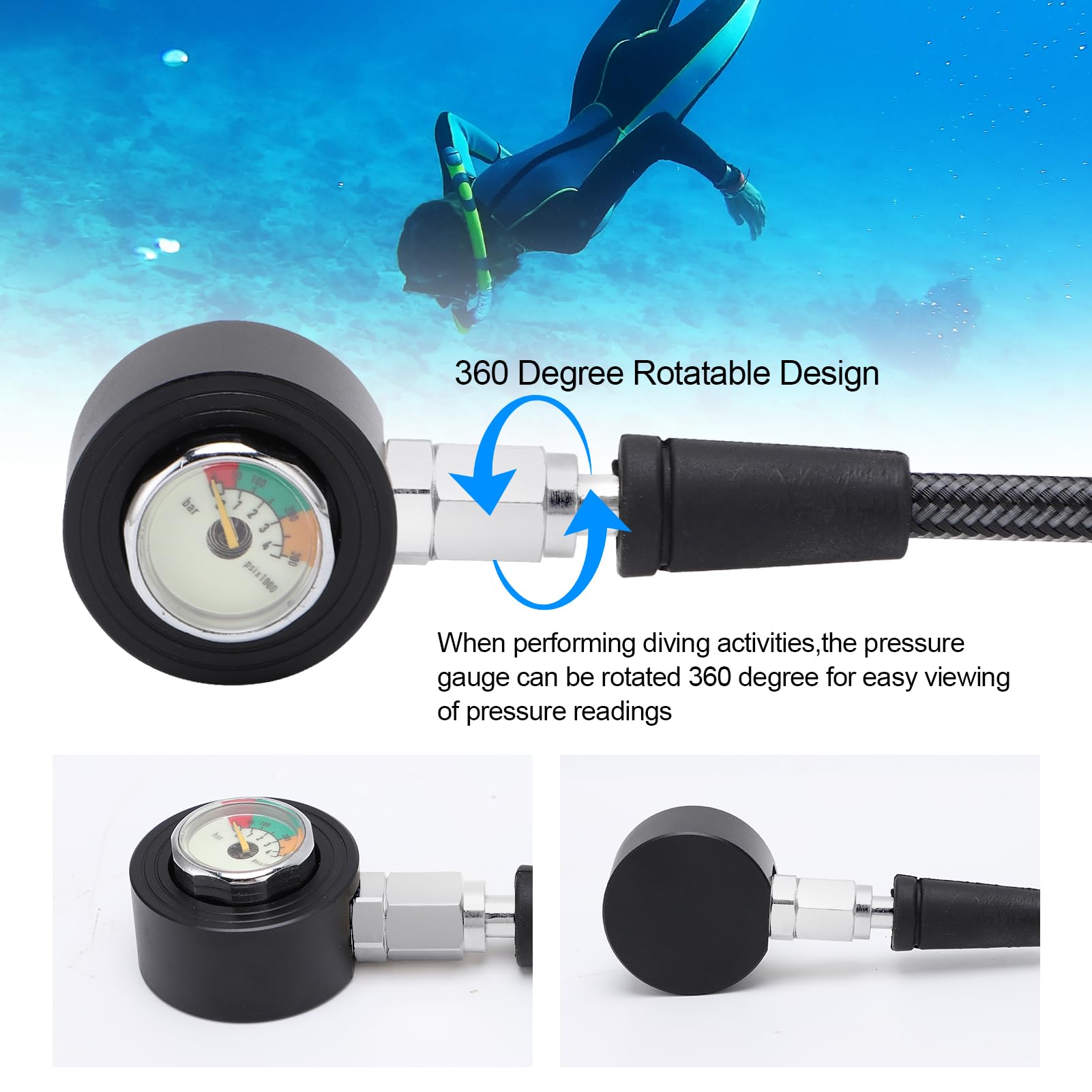 Manómetro de buceo sumergible Manómetro iluminado con manguera de alta presión para regulador BCD equipo de buceo submarino