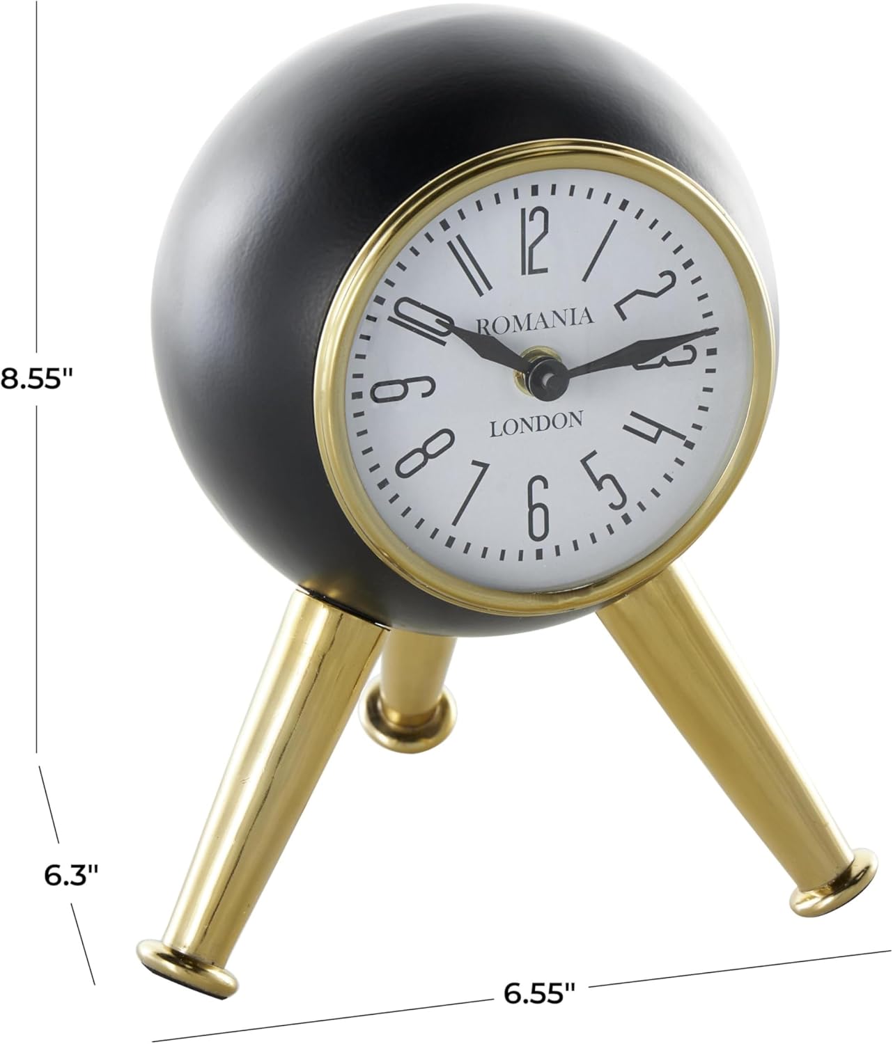 Deco 79 Aluminum Metal Orb Clock with White Clockface and Gold Tripod Legs, 7" x 6" x 9", Black