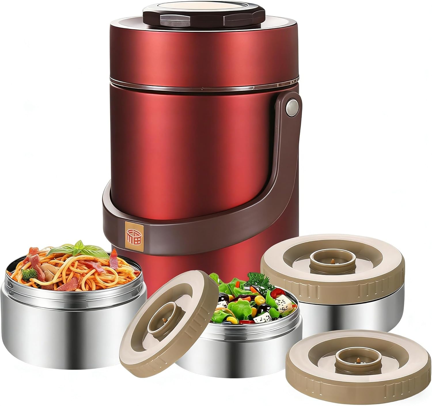 67oz Adults Stainless Steel Vacuum Insulated Thermal Lunch Box, 3 Tier Stackable Sealed Leak-Proof Wide Mouth Portable Bento Food Container, Hot Food Thermo Jar for Soup Office & Outdoor (Red)