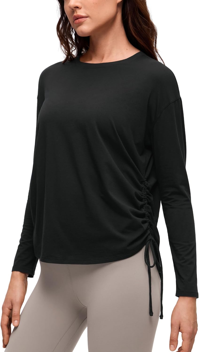 CRZ YOGA Pima Cotton Side Ruched Shirts for Women - Casual Workout Yoga Long Sleeve Tops Loose Crewneck Soft Comfort T-Shirts