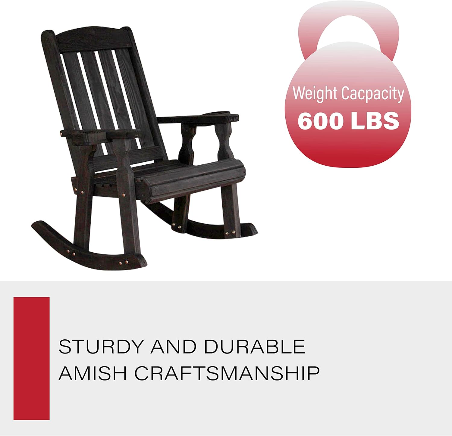 Amish Casual Heavy Duty 600 Lb Mission Pressure Treated Rocking Chair with Cupholders (Semi-Solid Black Stain)