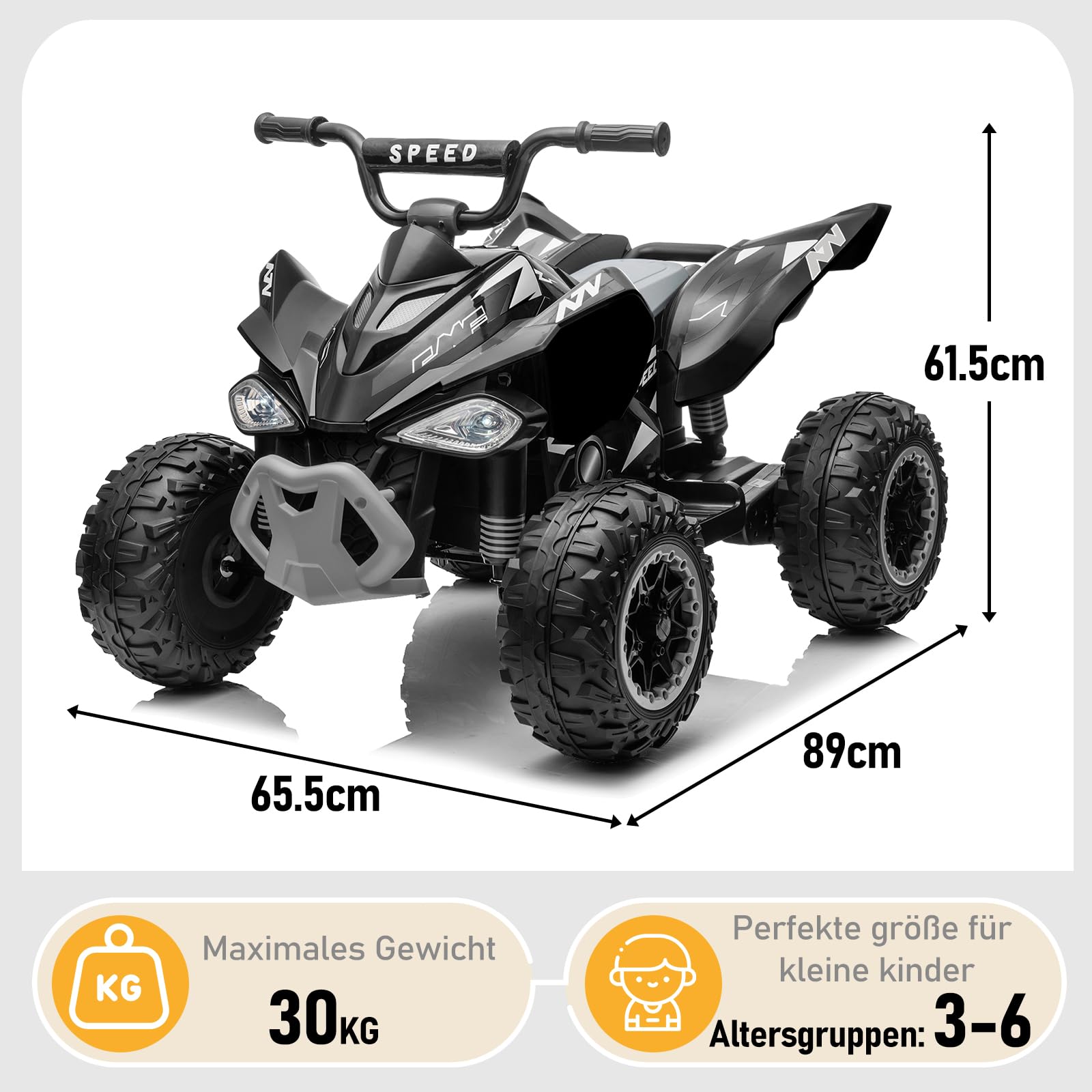 LALAHO Kinder Quad Elektro 12V Kinderquad, Kinderfahrzeug mit LED-Scheinwerfern, Musik & Hupe, Elektroauto mit 4 rutschfeste Räder & langsamer Start, für Kinder 3–8 Jahre alt (Schwarz 1)