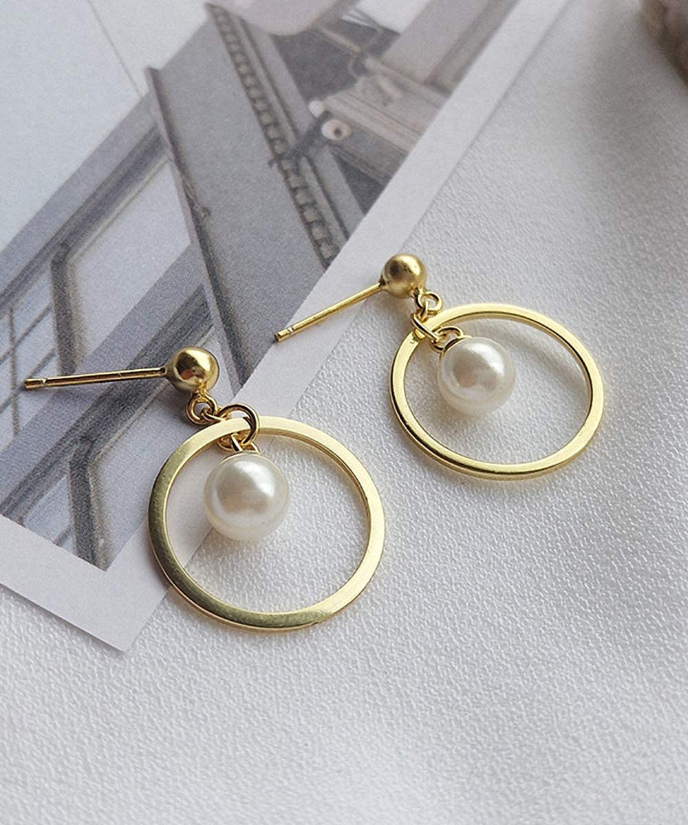 S925 pendientes de plata de ley moda creativa dorada colgante redondo corriente Supo Pendientes con incrustaciones de concha marina natural pendientes de perlas personalidad temperamento niña joyería