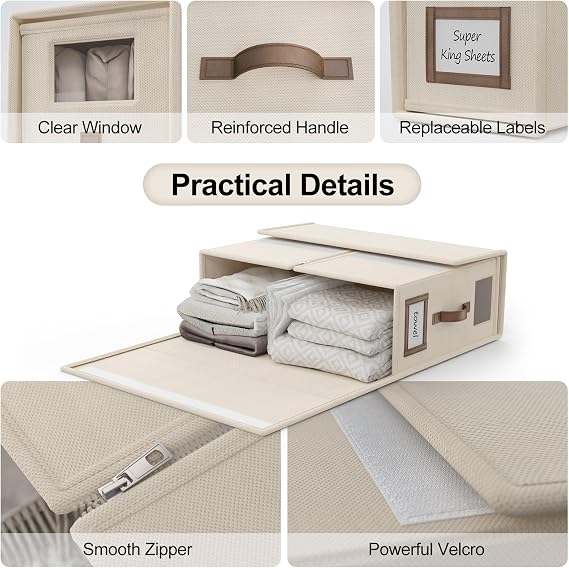 4 Pack Foldable Bed Sheets Set Organizers and Storage(Super King Size),Folding Bedding Storage Box with Window,Sheets Set Folder Keeper for Bedsheets,Blanket Organizer,Beige, (CDSNX)
