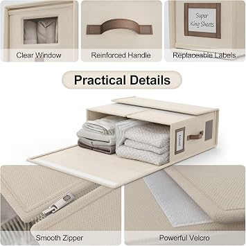4 Pack Foldable Bed Sheets Set Organizers and Storage(Super King Size),Folding Bedding Storage Box with Window,Sheets Set Folder Keeper for Bedsheets,Blanket Organizer,Beige, (CDSNX)