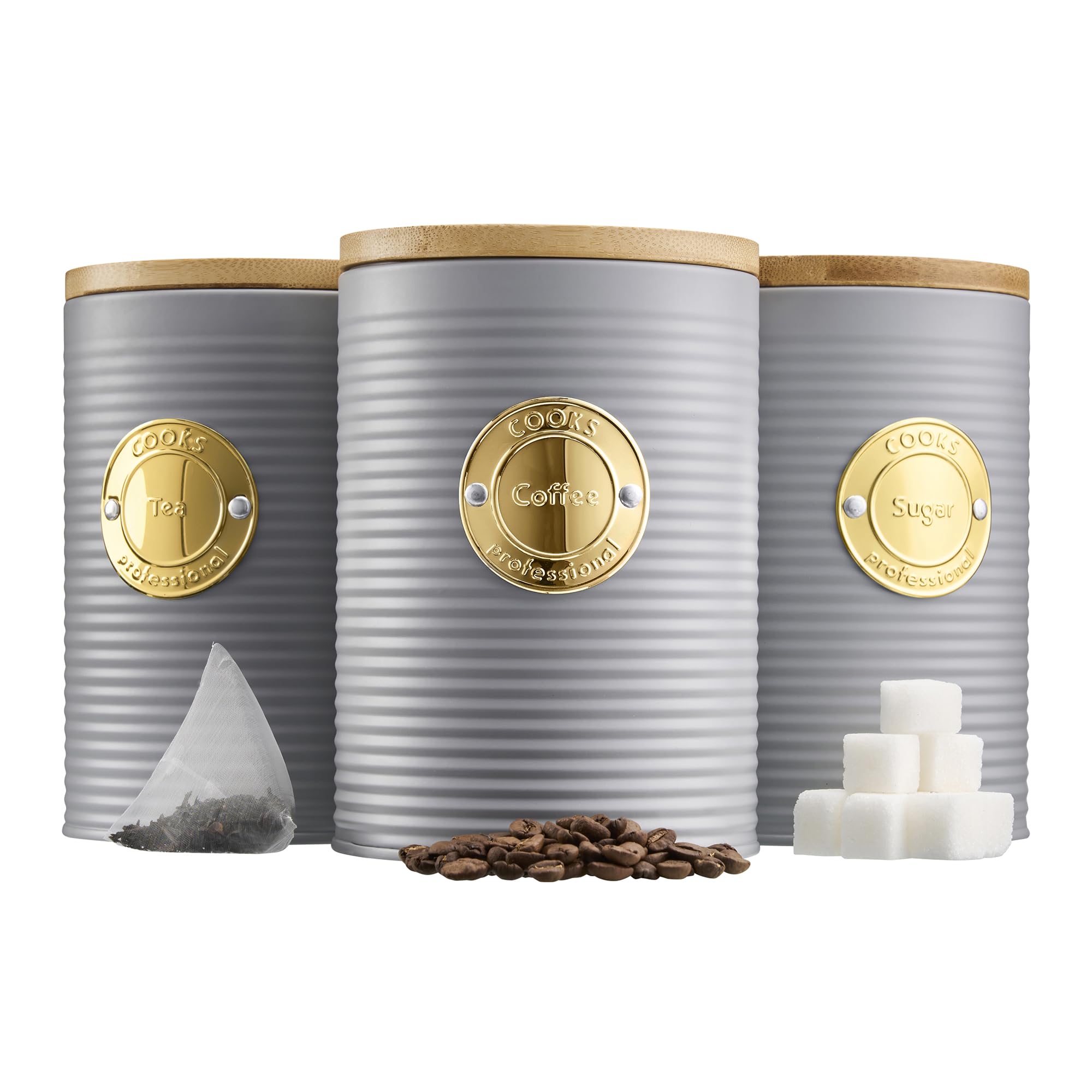 Cooks Professional 3 Piece Kitchen Storage Set - Tea Coffee Sugar Canisters - Grey