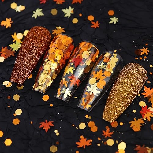 Miniatura 3 de Decoración de uñas de otoño dorada, con purpurina y hojas de arce, accesorios de decoración de uñas de hojas de arce 3D, diseños profesionales de