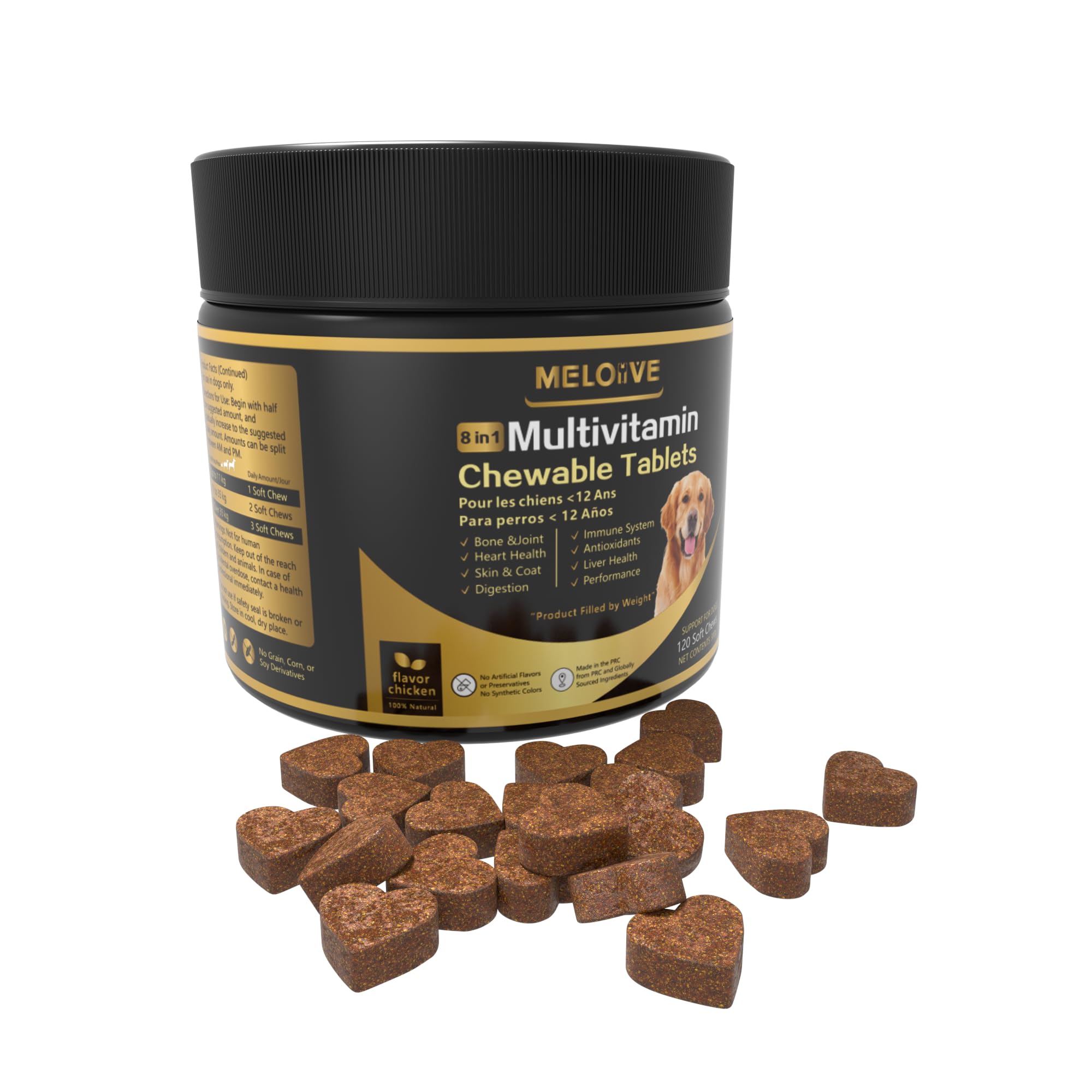 Meloive 8 en 1 Multivitamines pour Chien | Compléments Alimentaires Premium pour Chiens | Vitalité, Probiotiques, Articulations, Pelage, Immunité, Coeur, Cerveau | Au Poulet | 120 Comprimés