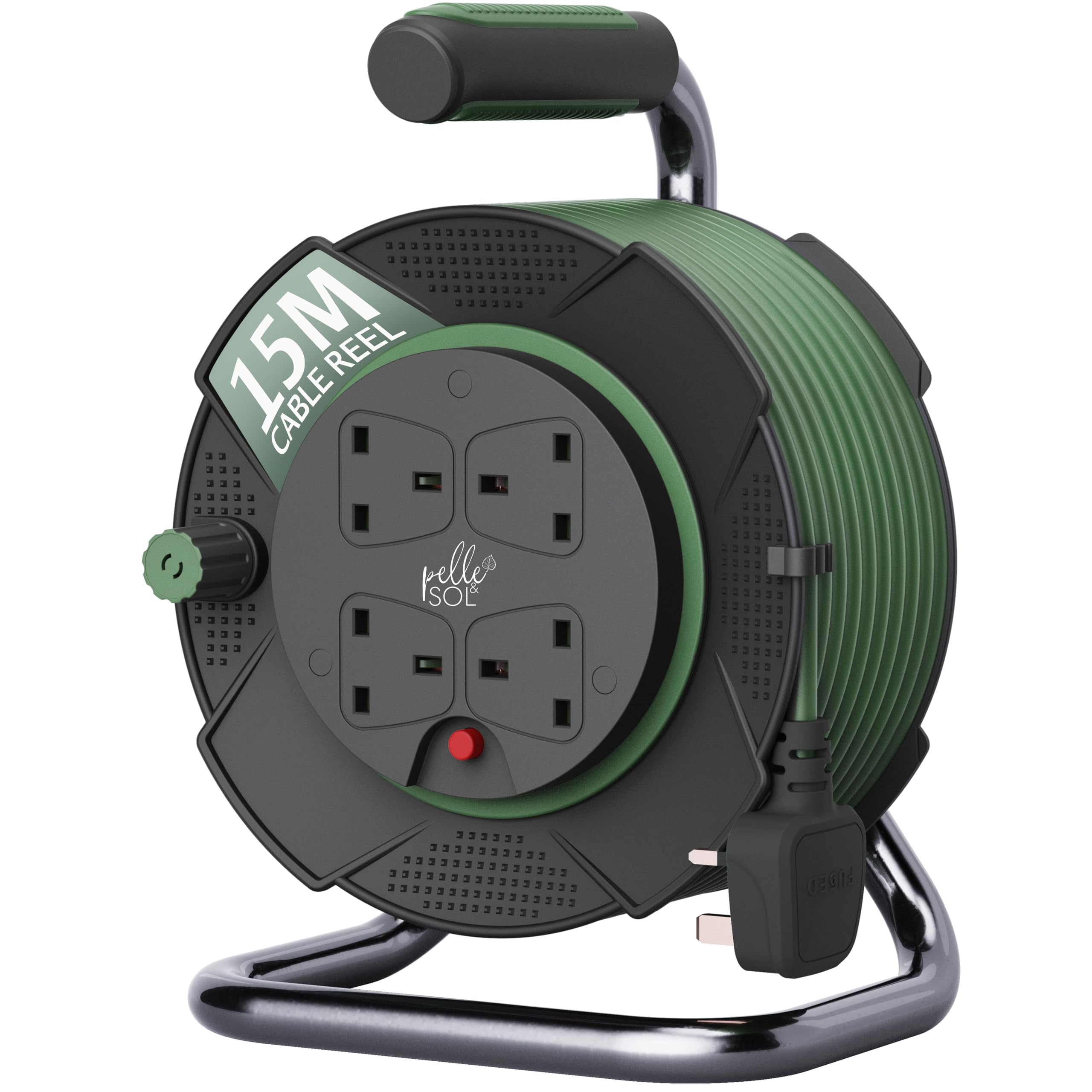 Pelle & Sol 15m Extension Lead Cable Reel with 4 Sockets - Heavy Duty 3120W Power Extension Cable with Overheat Protection for Home, Garden, DIY & Workshop Use