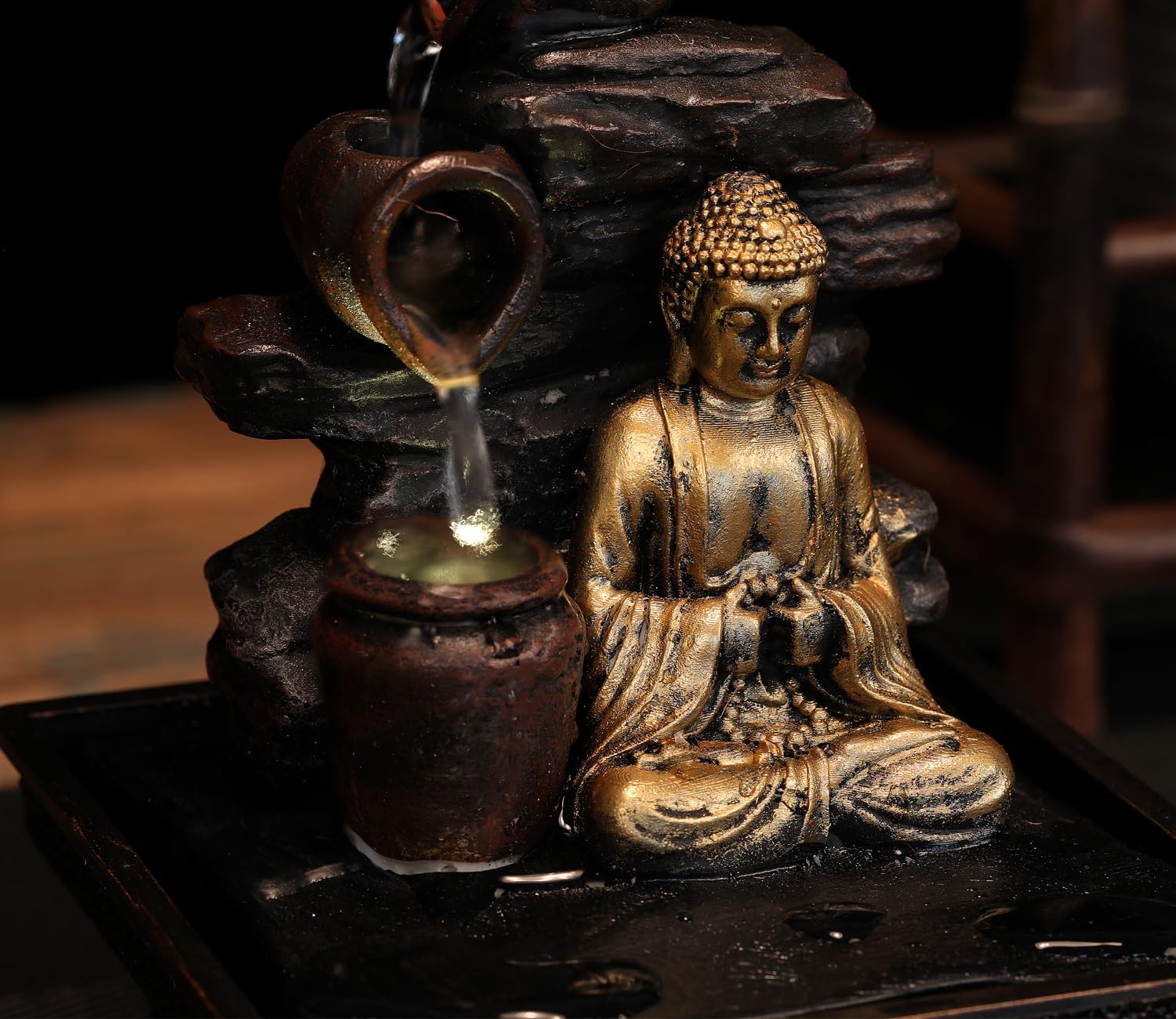 Tabletop Water Fountain Buddha Statue Desktop Indoor Waterfall Fountain Tabletop Humidifiers Home Decoration for Office, Living Room, or Bedroom