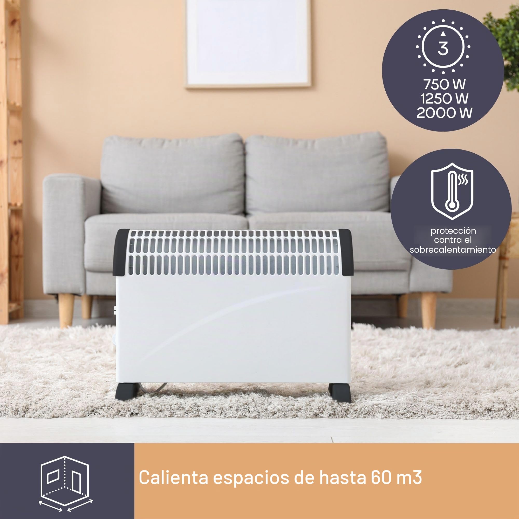 Perel Calefactor convector 2000W, convector eléctrico con 3 niveles de calor, termostato, IP20 protección contra sobrecalentamiento, portátil o montaje mural para estancias hasta 60 m³