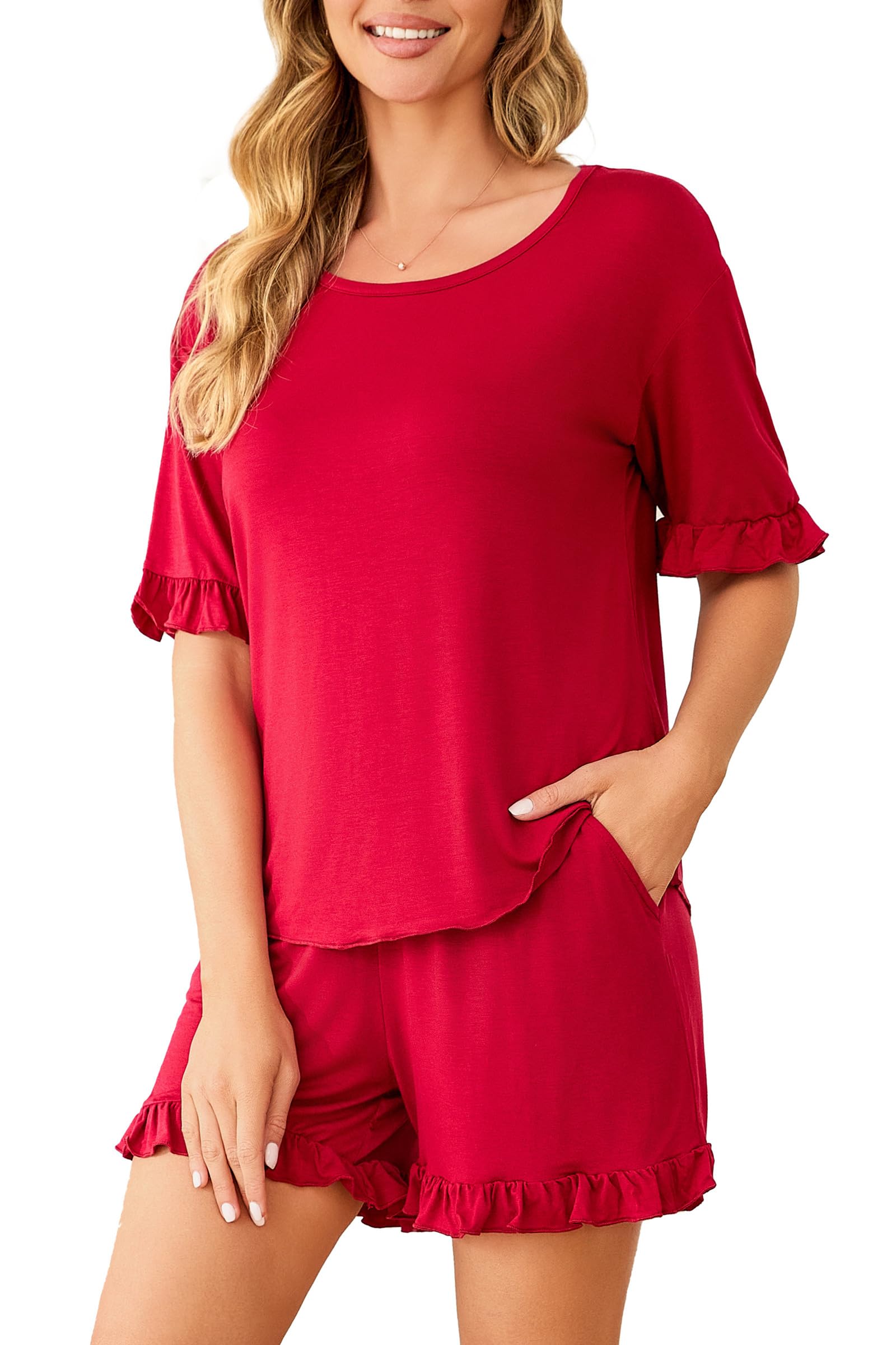 Womens Pajamas Set Short Sleeve Top and Ruffled Shorts Sleepwear with Pockets Two Piece Matching Outfits Set