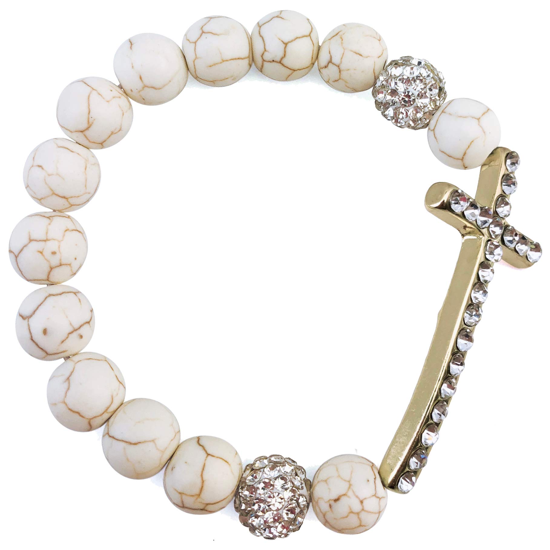 BocarMetal Plated Sideways Crystal Cross Bangle Charm Beads Stretch Bracelet