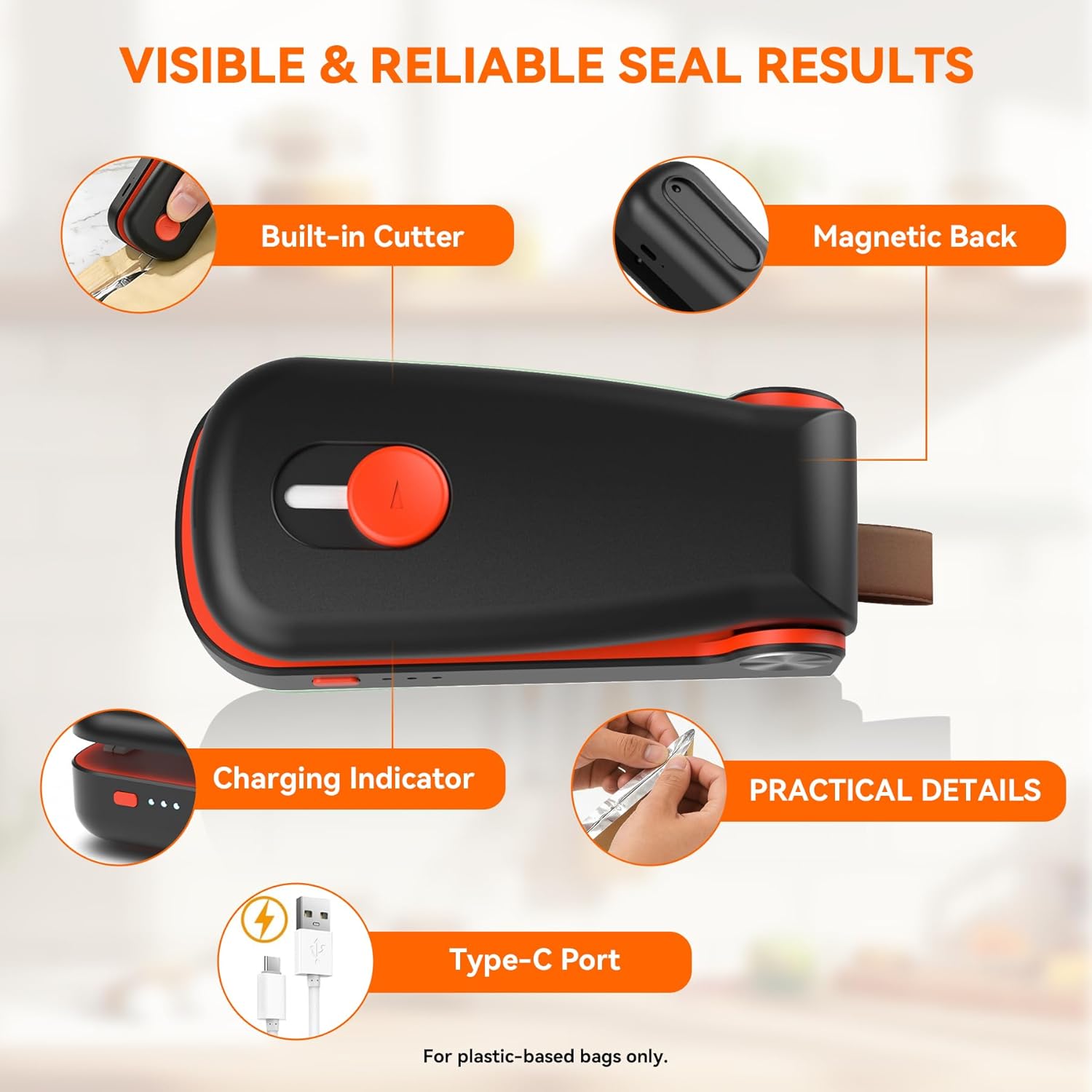 NEATEST Mini Bag Sealer, 2026 Upgraded USB Rechargeable 3 Heat Levels Chip Bag Sealer with Cutter Magnet, 2 in 1 Portable Heat Seal Resealer for Plastic Bags, Snacks & Food Storage (Black)