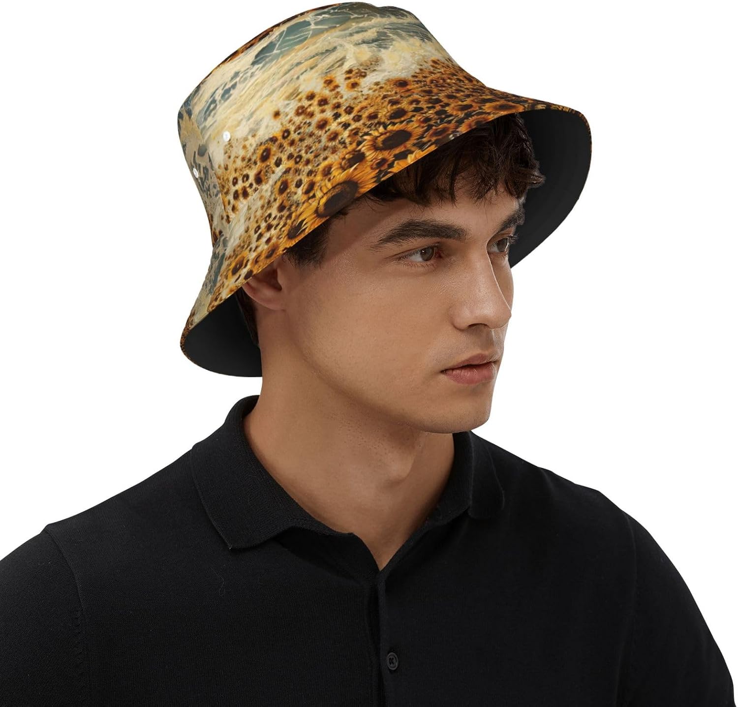Sunflowers Sea Print Sun Hat Outdoor Fisherman Cap Summer Bucket Hat Beach for Men Women Black