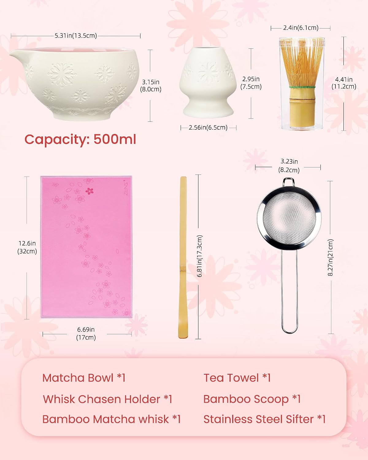 ZENS Matcha Whisk Set, 6pcs Matcha Kit Set, Matcha Bowl with Spout, Bamboo Whisk & Scoop, Chasen Holder, 304 Sifter & Tea Mat, Ideal Gift for Matcha Lovers, Birthday-Off White
