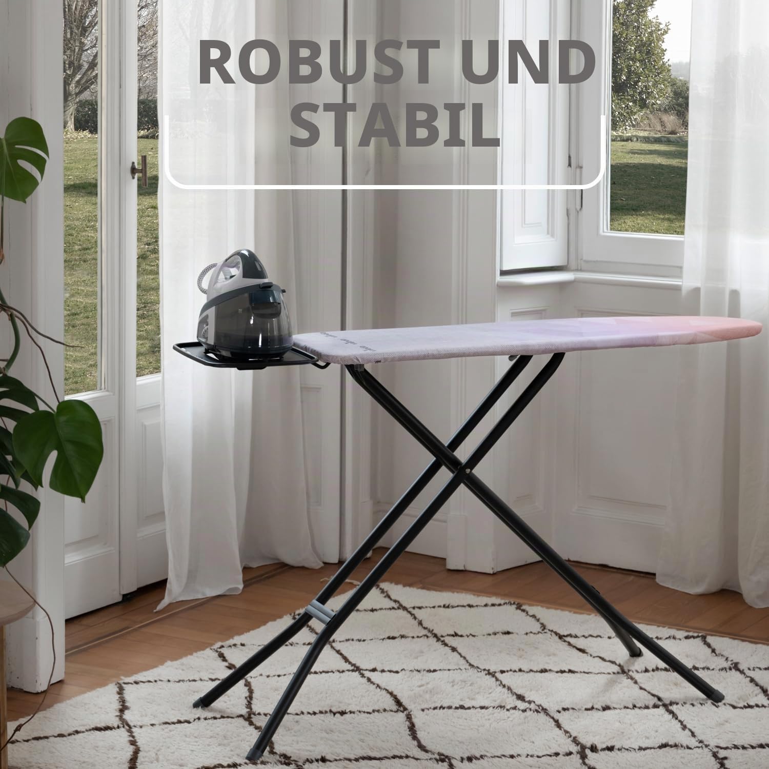 Vileda Diamond Bügelbrett, 120x38 cm, höhenverstellbar bis 97 cm, Aluminium, Schwarz/Grau mit Lila und Lachs, mediano, stabile Legierungsstahlkonstruktion