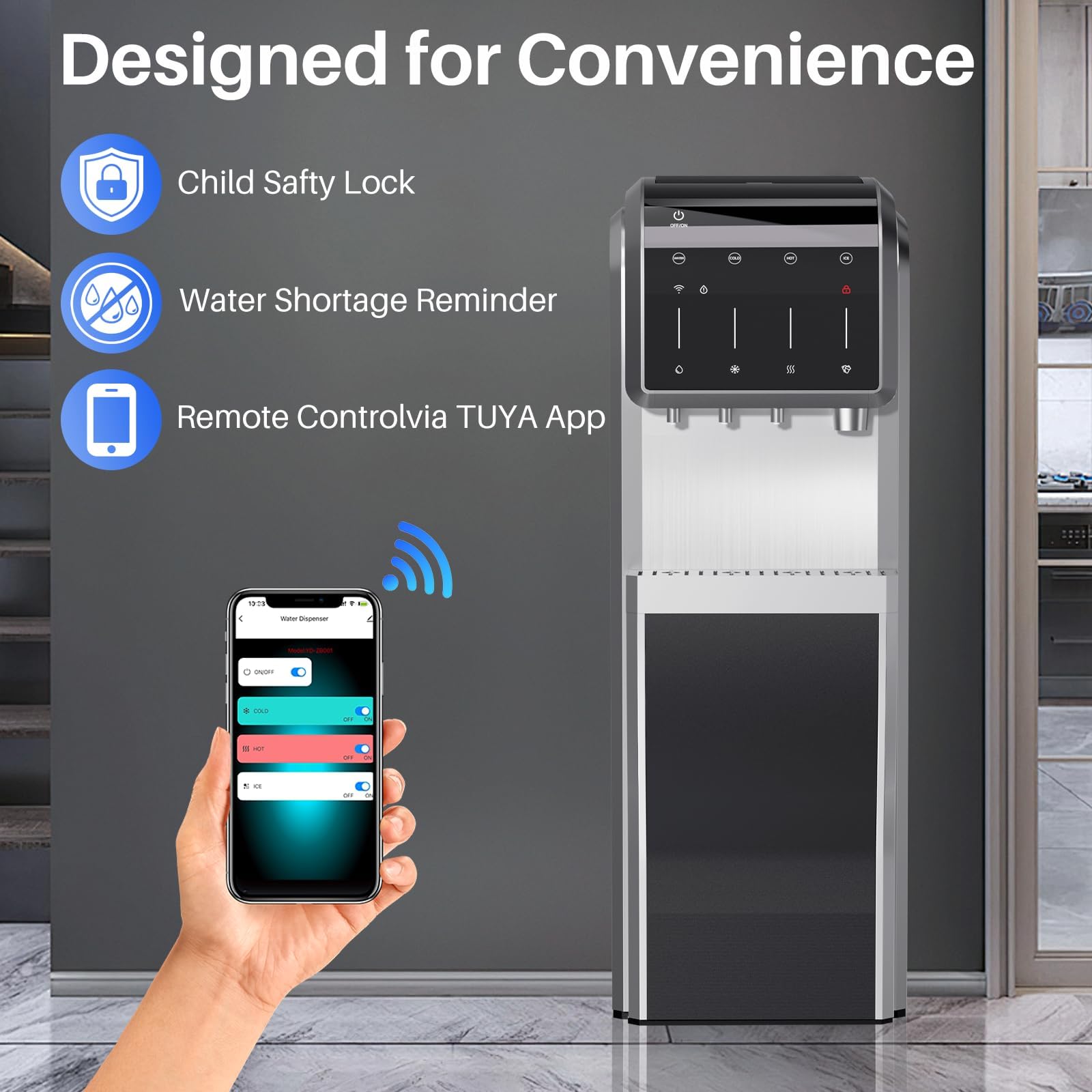 Frigilife 5-In-1 Water Cooler Dispenser With Ice Maker, Bullet And Crushed/Chewable Ice Machine, Hot And Cold Water, Bottom Load For 5 Gallon Bottle, 35lbs/24h, WiFi, Child Lock, Stainless Steel on Fridge.com - View 6