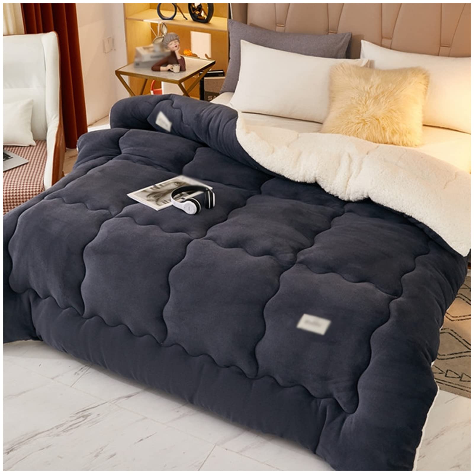 FFFF & OLFEH Piumino Invernale Cashmere di Agnello, Lana Autunno E Inverno Trapunta Calda Peluche Calda Trapunta Invernale Trapunta per Letto Matrimoniale in Inverno (Nero,200x230cm?4kg?)