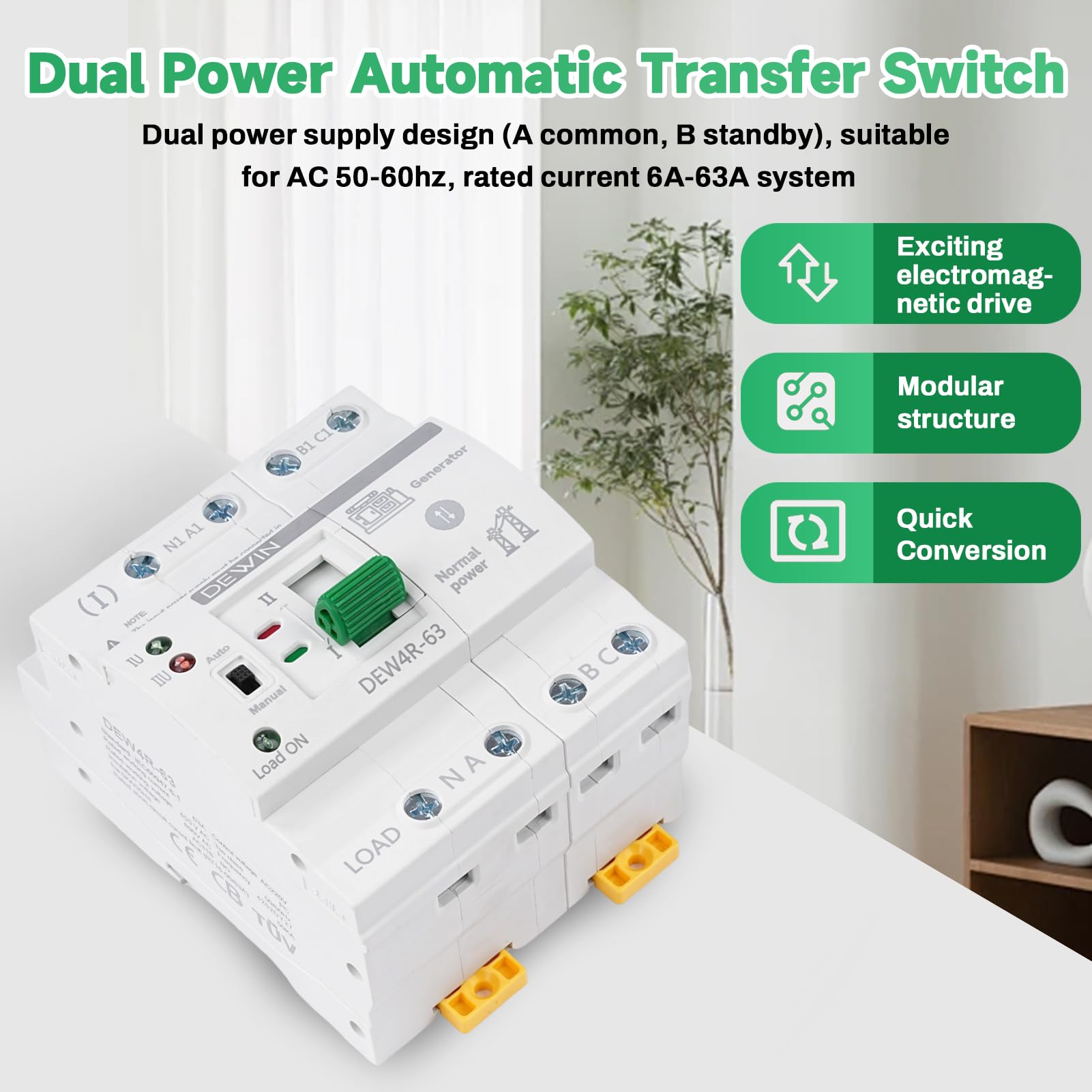 ATS Interruttore di Trasferimento Automatico Trifase 400V 4P Doppia Alimentazione Commutatore di Rete Automatico ATS 63A Interruttore di Trasferimento Guida DIN per Domestico e Industriale