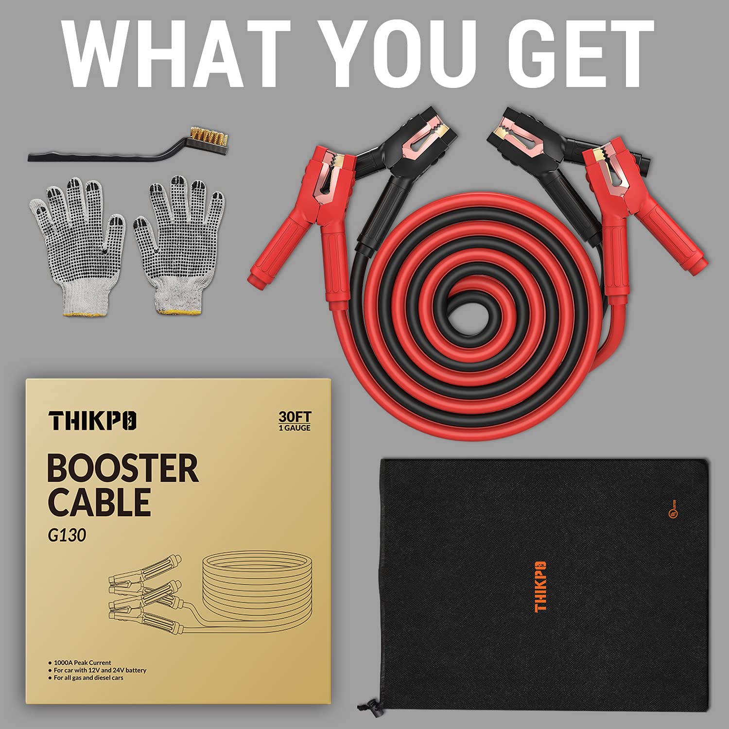 Buy THIKPO G130 Heavy Duty Jumper Cables, 1Gauge x 30Ft Booster Cables with Copper Clamps, 12V