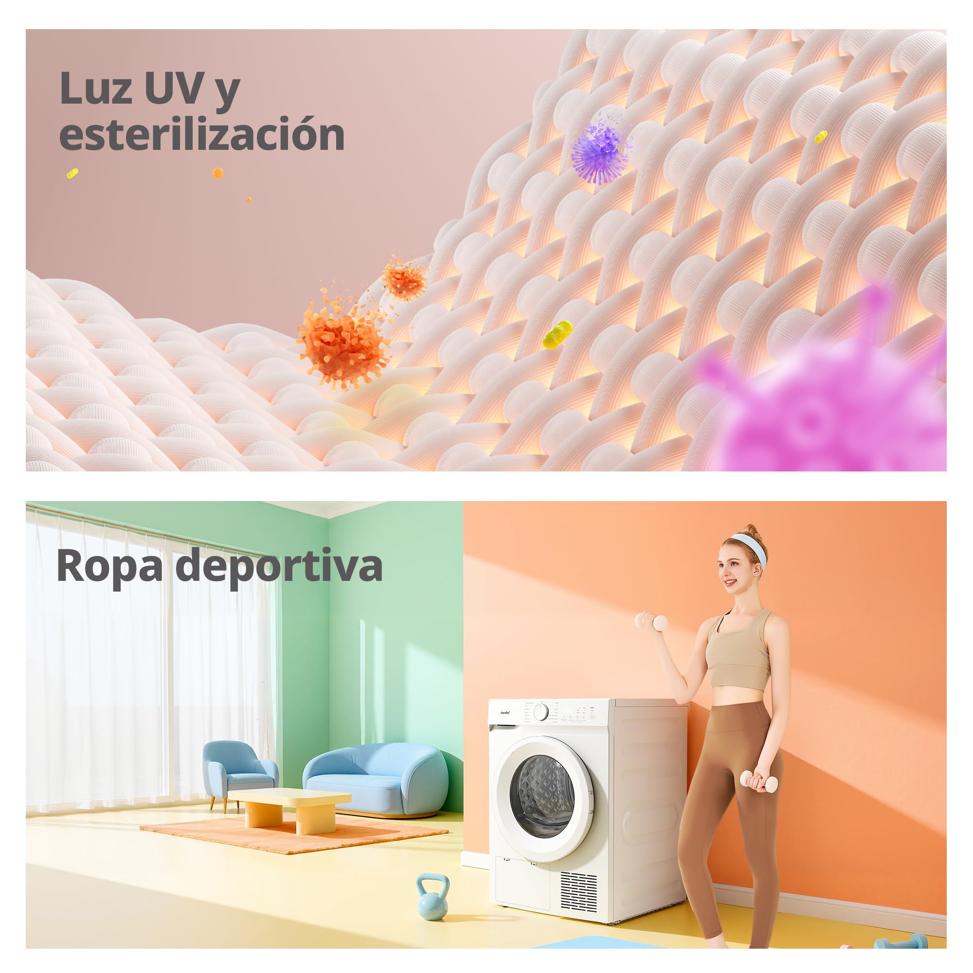 COMFEE' Secadora de Ropa 8 kg, Clase D, Secado rápido, 15 programas, Secado Anti Arrugas, Bomba de Calor, Función de refresco, CD08EHP05W, blanco