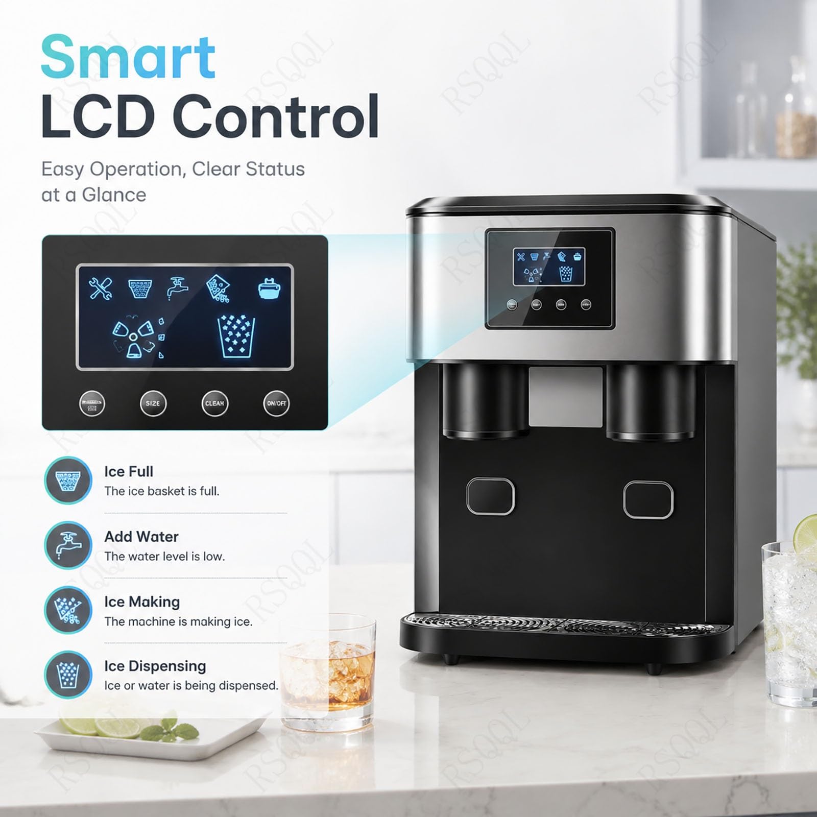 Máquina de hielo for encimera 3 en 1, acero inoxidable | Con ventana de visualización, produce cubitos de hielo, hielo triturado y agua fría, ciclo de 8 a 12 minutos.(Blue)