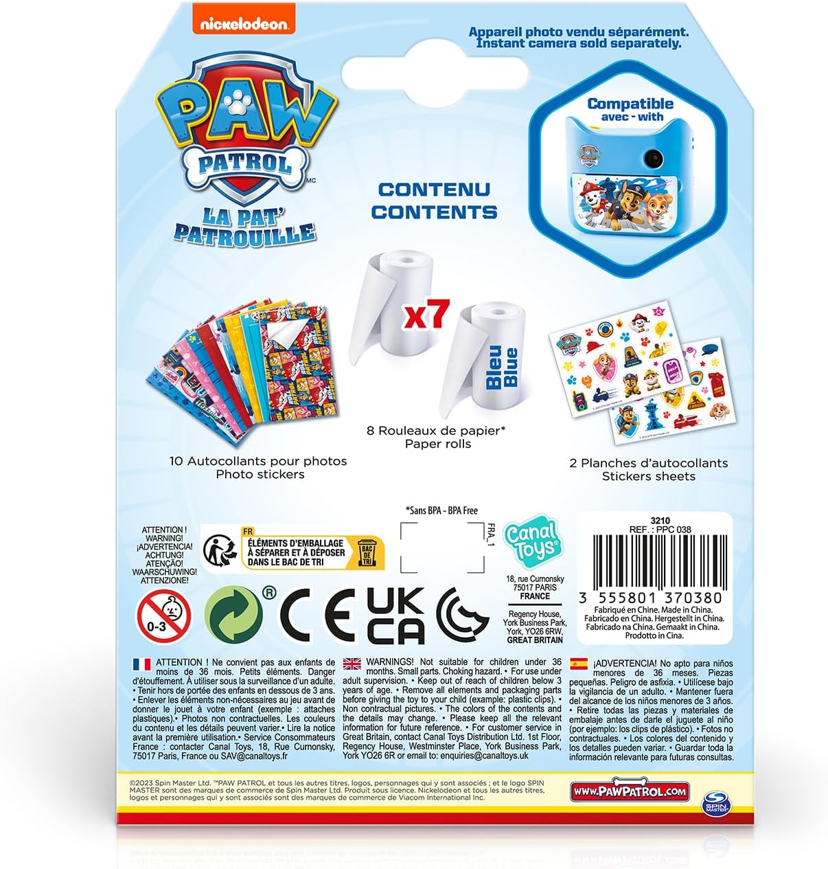 Canal Toys Refill for My First PAW Patrol Instant Camera - 8 Rolls of Paper, 2 Sheets of Stickers and 10 Self-Adhesive Frames - PPC 038, Multi-Coloured