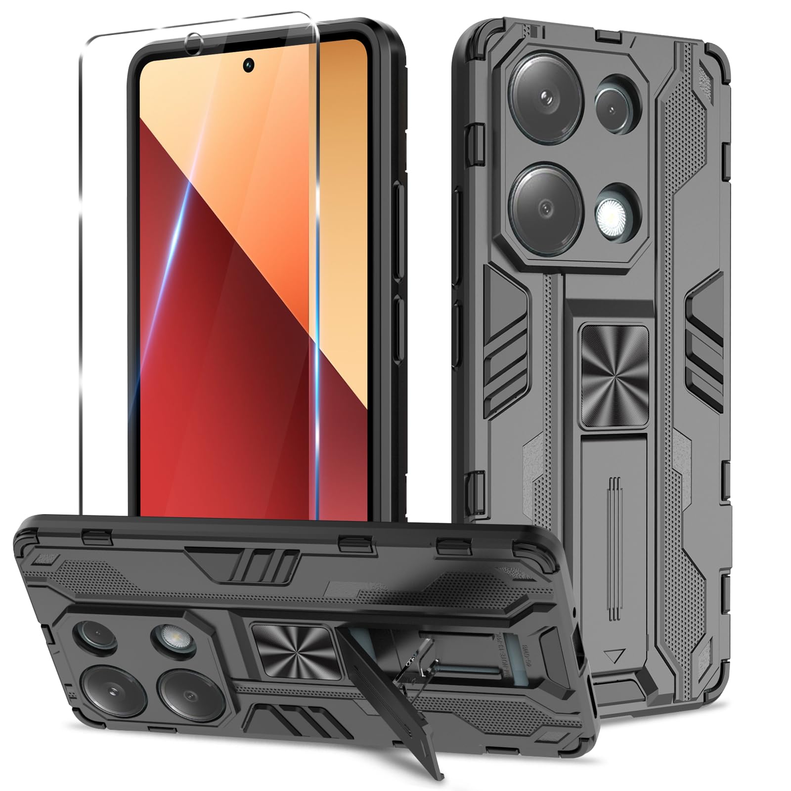 Funda para Samsung Galaxy A13 4G con Cristal Templado Protector Pantalla, Carcasa Antigolpes con Soporte anular metálico, Case Protectora de Grado Militar, Negro — view 100