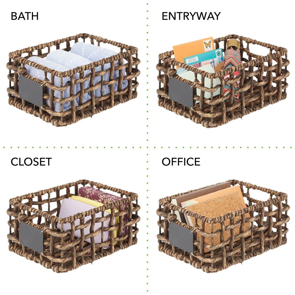 mDesign Water Hyacinth Open Weave Household Basket with Built-in Chalkboard Label for Storage in Bedroom, Bathroom, Office - Hold Clothes, Blankets, Linens, Accessories - 6 Pack - Brown Wash
