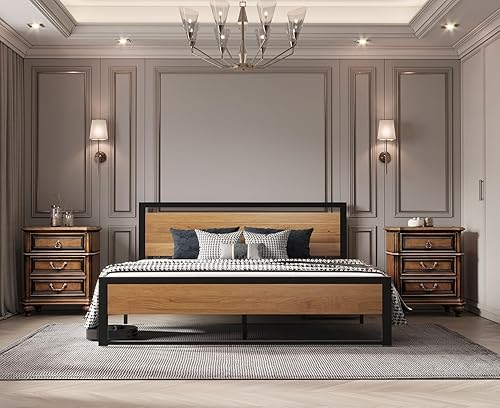 Miniatura 9 de BONSOIR Marco de cama tamaño King con plataforma de acero estable con cabecero/estribo de madera (tamaño King)
