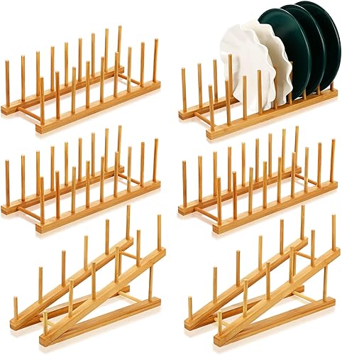 Estante de bambú para platos de 6 piezas, 8 ranuras, organizador de secado para gabinete, aula, libro, organizador de tapa de olla, taza, tabla de
