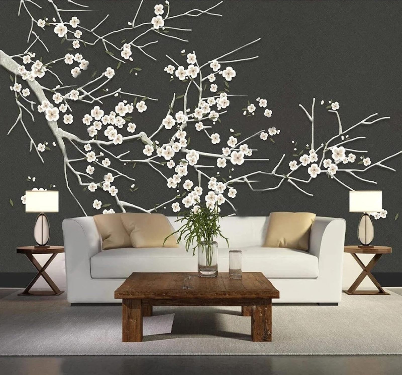 XLMING Hand Drawn Retro Black and White Flowers Branches 3D Wallpaper Silky Texture Home Study Office Grey Dining Room Sofa Bedroom Living Room TV Backdrop-350cm×256cm