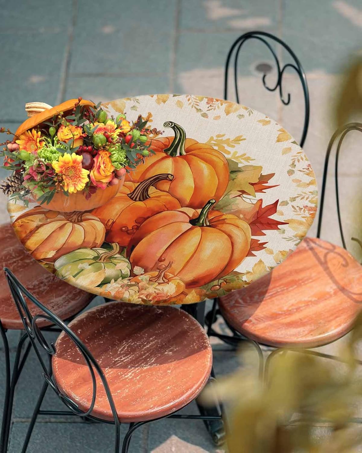Fall Fitted Tablecloth for Round Table,Thanksgiving Pumpkin Waterproof Table Cloth with Elastic Edge,Maple Leaf Orange Watercolor Vintage Linen Round Table Cover for Party Holiday Kitchen 45-54in