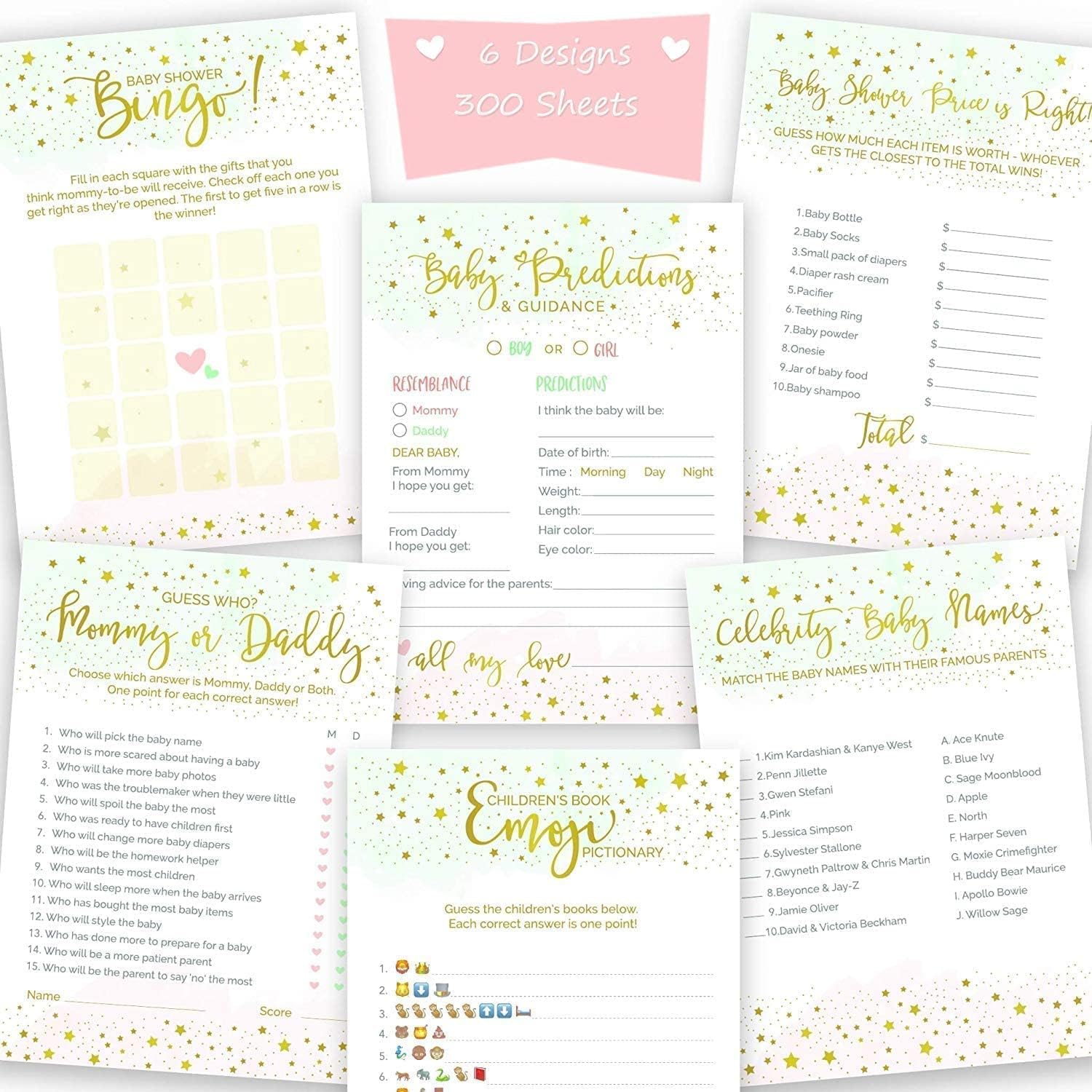 6 Emoji games (50 of each) Baby Shower Games Gender Neutral | Fun favors, gender reveal party supplies & activities set for boy & girl | Card games include Baby Predictions & Advice