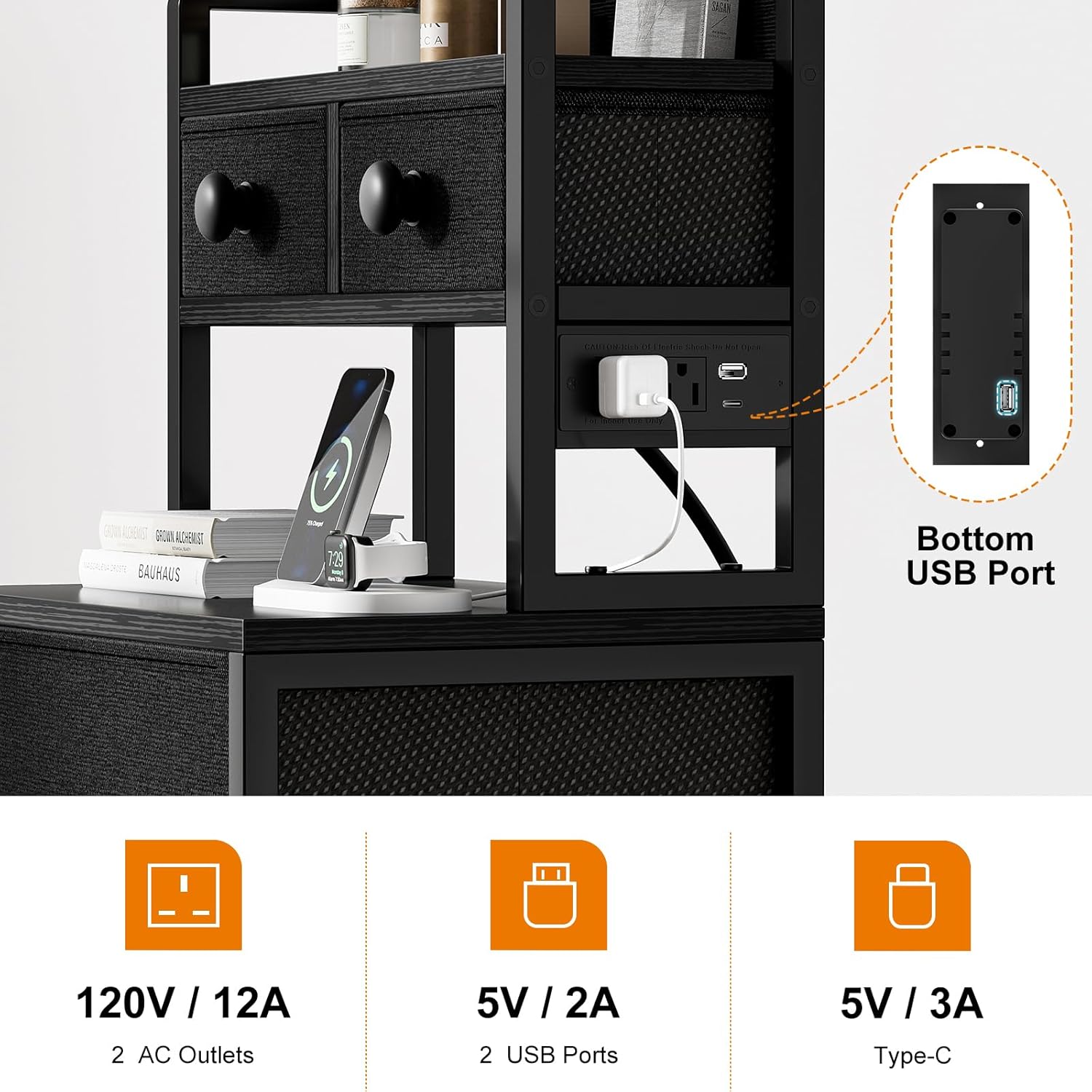 REAHOME 41 Inch Tall Nightstand with Charging Station, LED Night Stand with 6 Fabric Drawers, Bed Side Table with 3-Tier Wood Storage Shelves for Bedroom, Office, Small Spaces, Dark Gray - Image 9