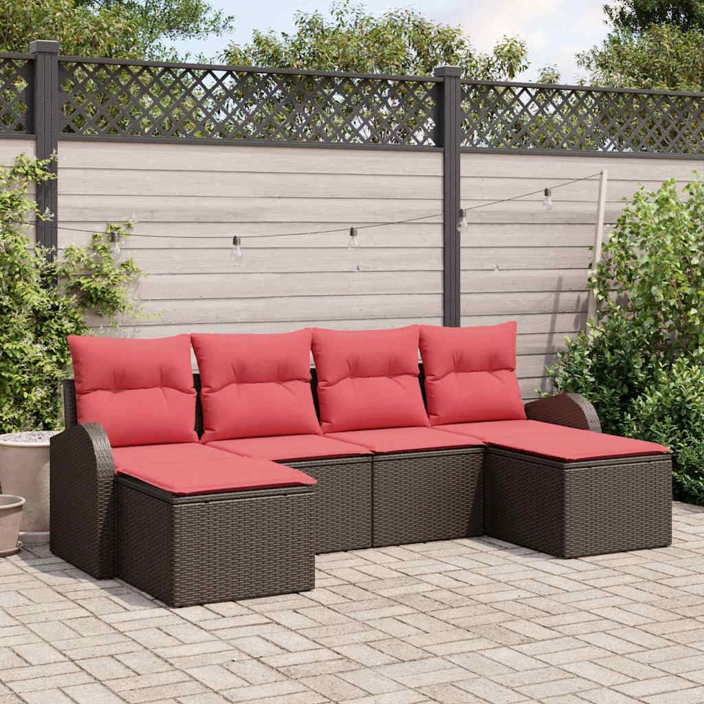 Ensemble de Canapé de Jardin 6 Pièces en Résine Tressée Marron, Salon de Jardin Modulable avec 2 Sièges d'angle et 2 Poufs, Mobilier Extérieur pour Terrasse et Balcon