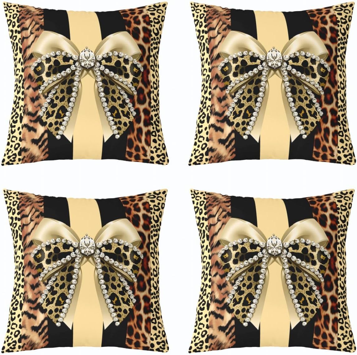 Feelyou Leopard Print Throw Pillow Covers Set of 2 Girls Yellow Bow Square Cushion Covers Cheetah Pillow Case Bow Knot Print Cushion Case for Couch Sofa Bedroom Decor 22 x 22-Inch