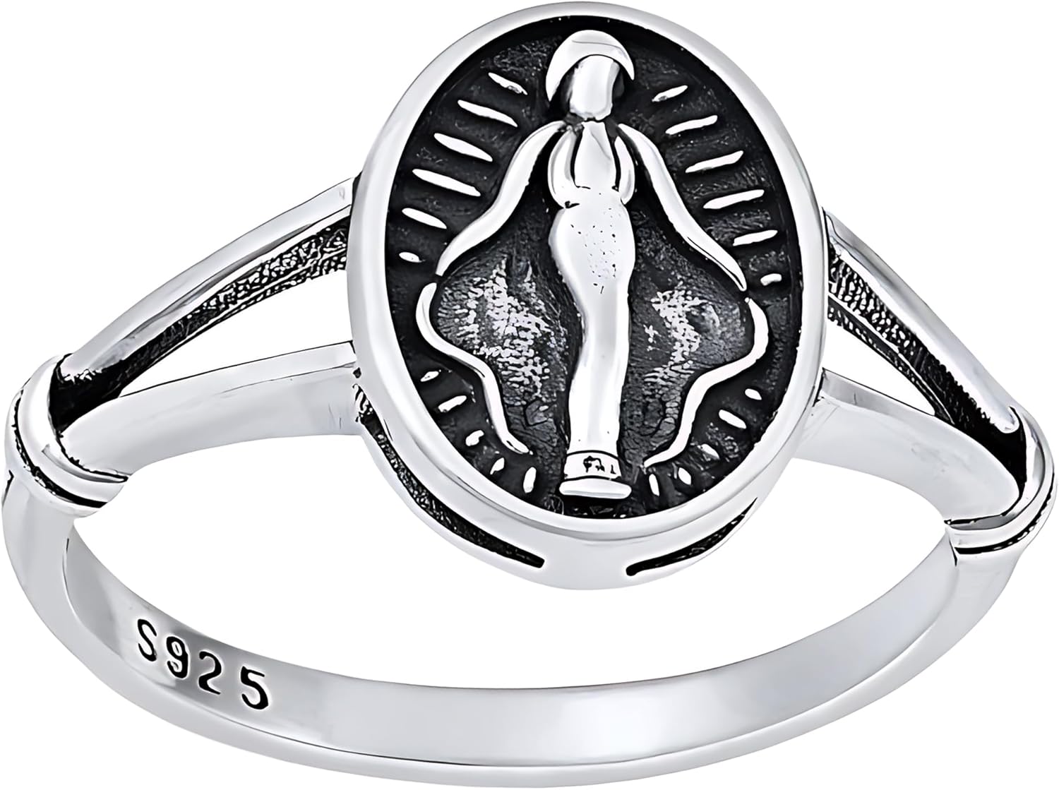 S925 Sterling Silver Miraculous Medal Virgin Mary Design Ring, Symbolic Faith Protection Devotional Religious Jewelry Unisex Size 4-10