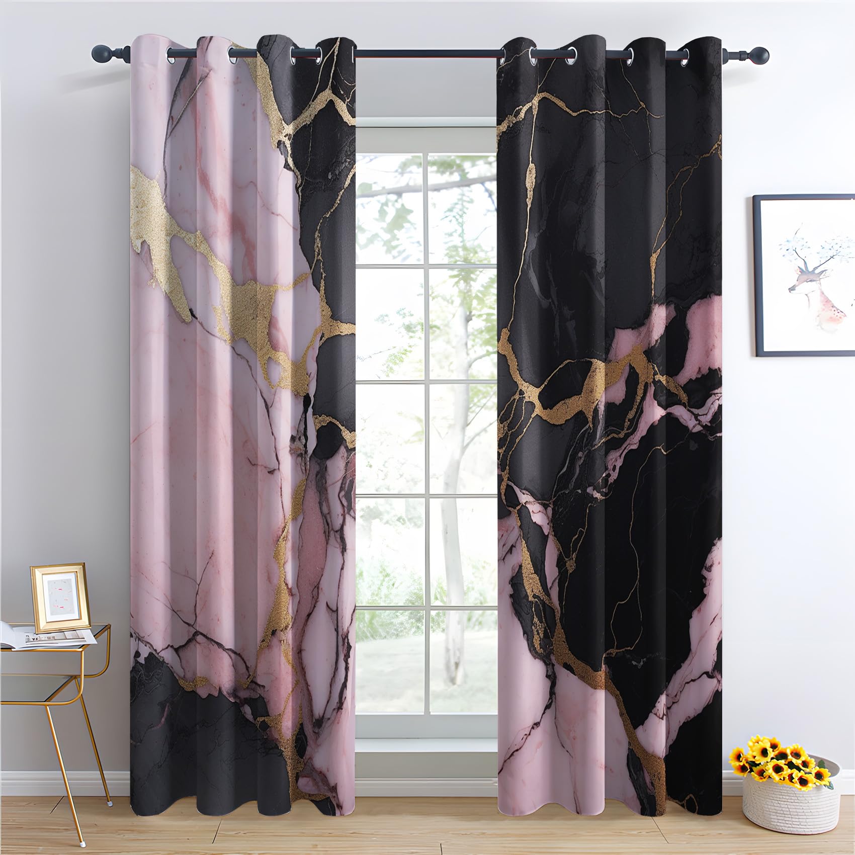 QEODAH Marble Blackout Curtains for Bedroom - Pink Black and Gold Luxury Abstract Agate Living Room Curtains 66x72 Eyelet - Soft Thermal Insulated Patterned Drapes for Windows - 2 Panels