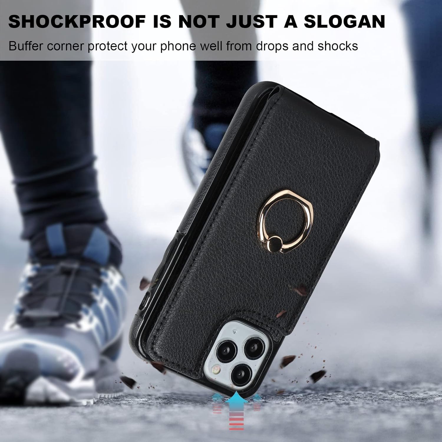 Folosu Compatible with iPhone 11 Pro Case Wallet with Card Holder, 360°Rotation Finger Ring Holder Kickstand Protective RFID Blocking PU Leather Double Buttons Flip Shockproof Cover 5.8 Inch Black