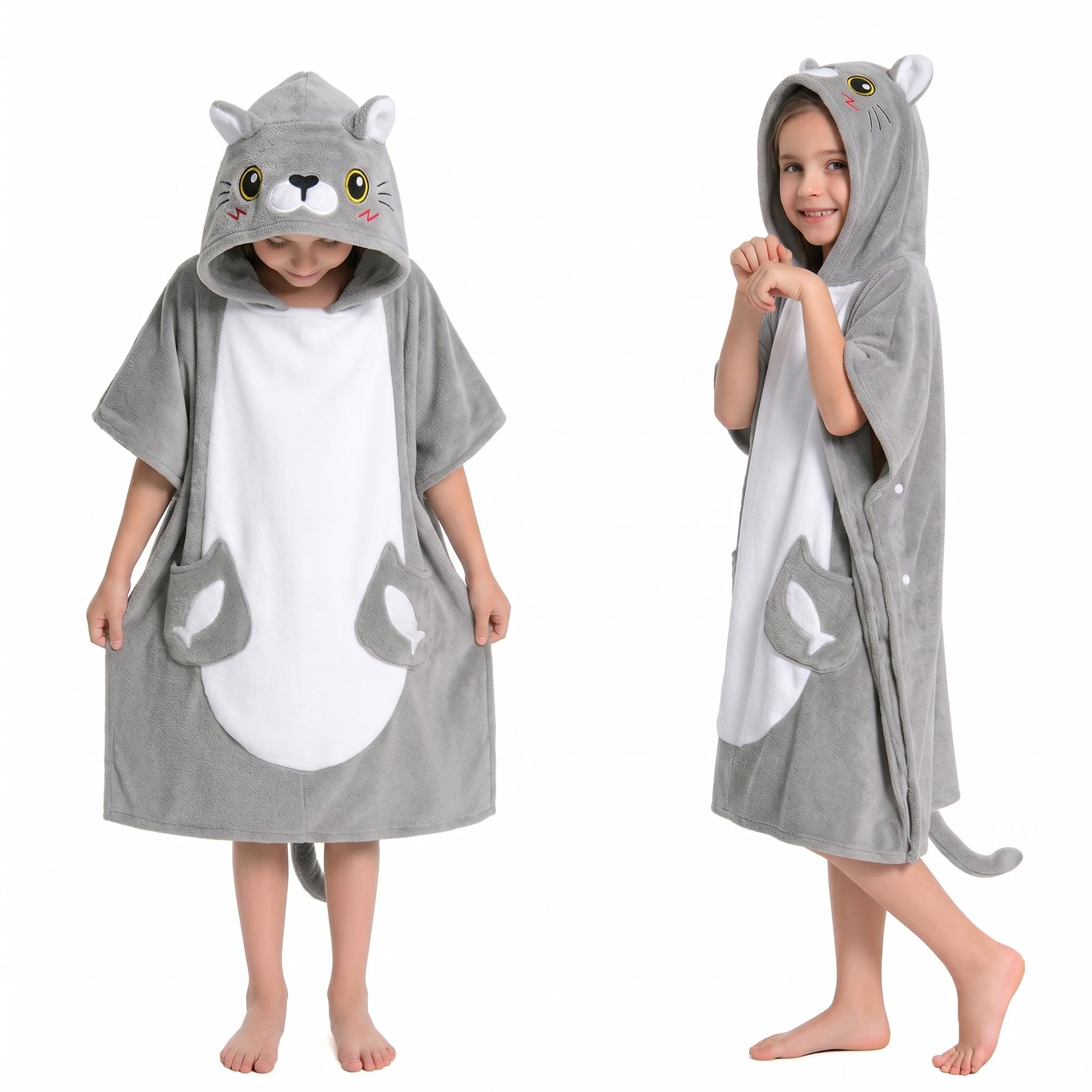 OLAOLA Kids Poncho Towel Hooded Beach Changing Robe Children Absorbent Bath Towels Swimming Wrap for Boys Girls 3-12 Years, Cat
