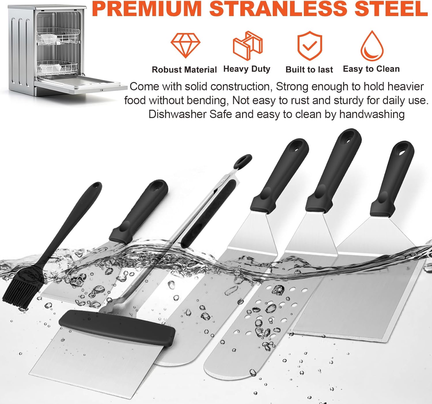 8Pcs Griddle Accessories Kit for Blackstone, Joyfair Flattop Grilling Accessory Tool Set with Stainless Steel Burger Spatula Turner, Metal Flipper, for Outdoor BBQ Teppanyaki Hibachi, (PP Handles)
